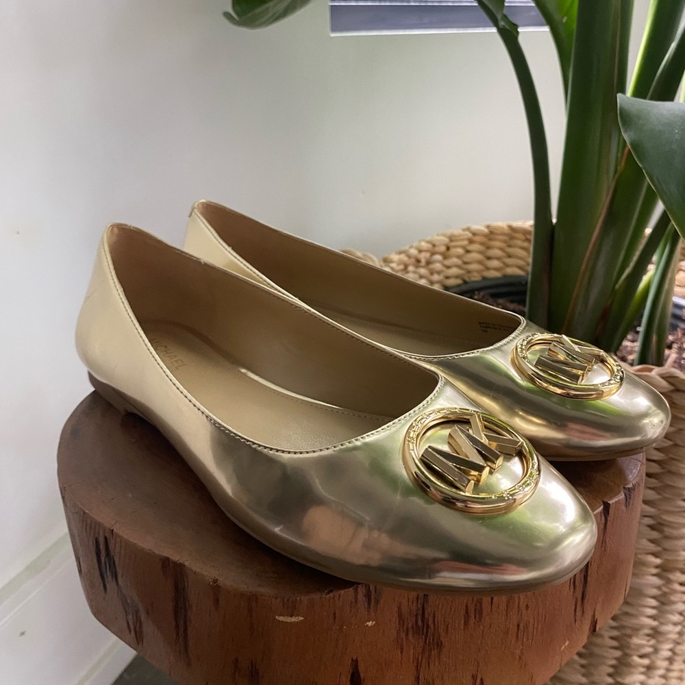 MK Gold Ballet Flats with Logo Accent